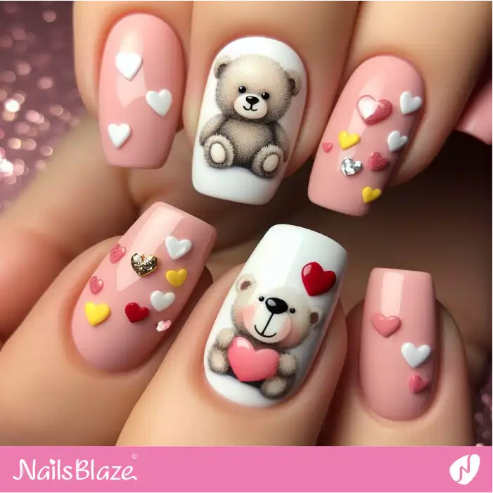 3D Hearts and Teddy Bears Nail Design | Valentine Nails - NB2390